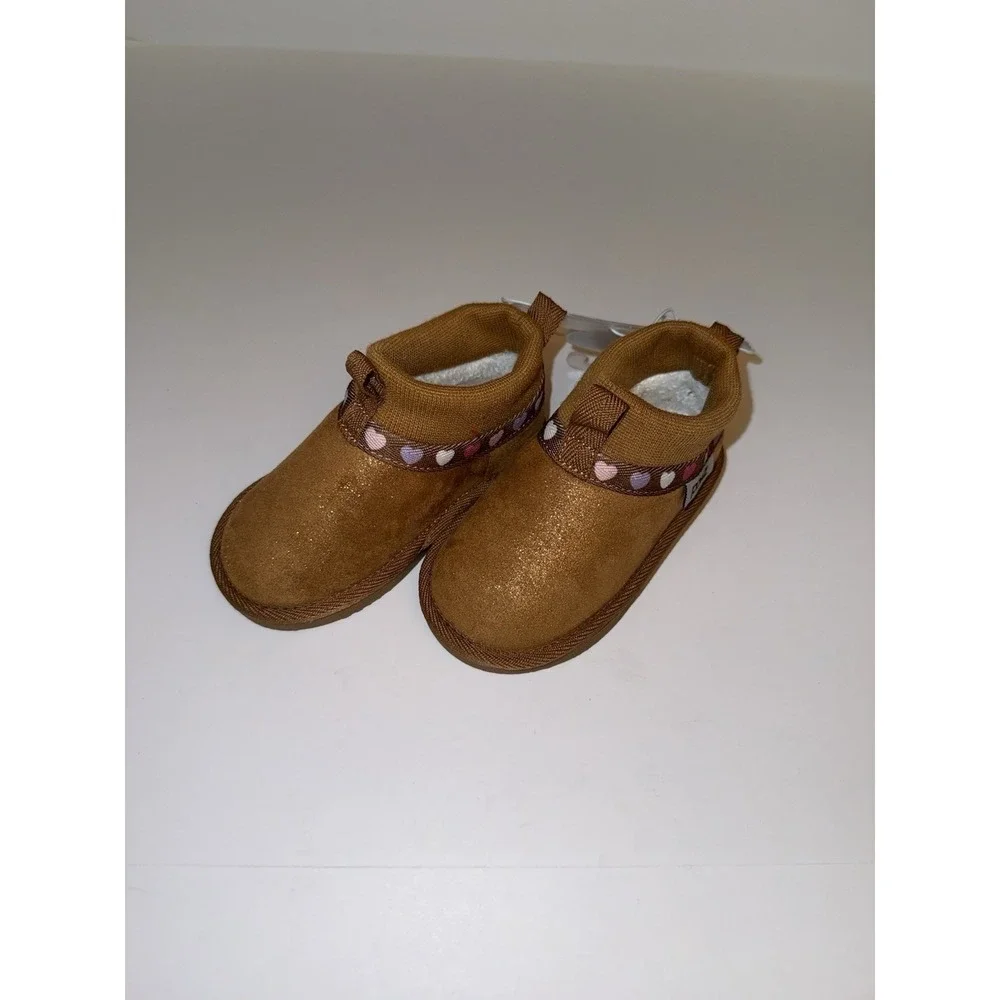 Pawz Baby 6 Brown Slip On Booties Sherpa Lined Cozy Toddler Winter Hearts NEW